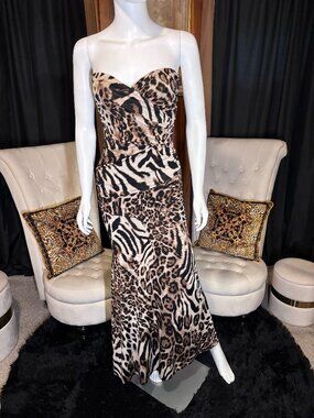 Saboro Animal Print Strapless Mermaid Maxi Dress Leopard Zebra Ruched Y2K S